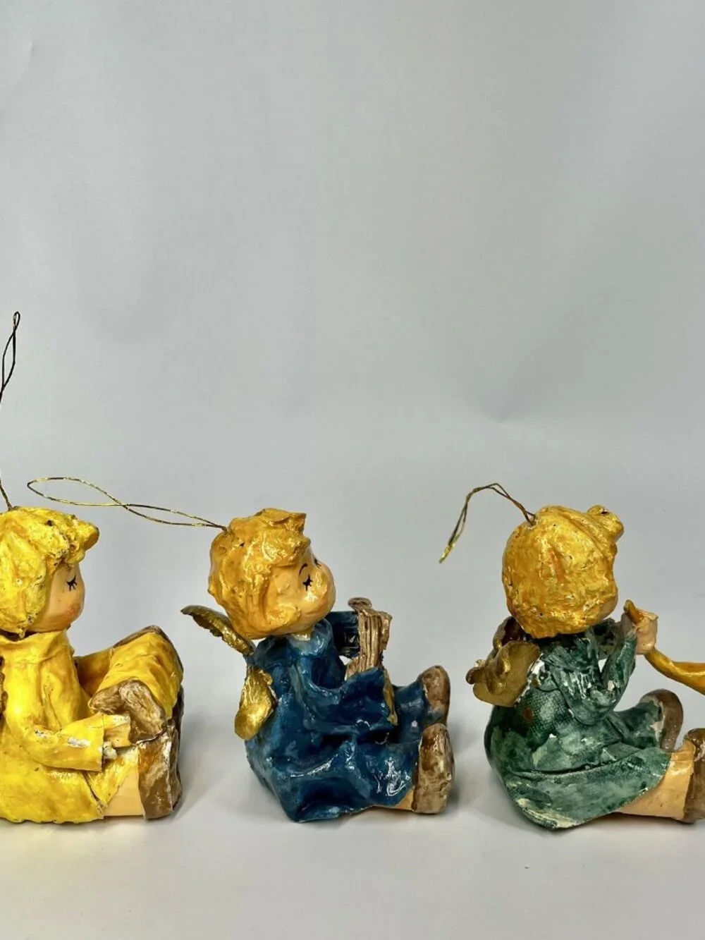 VTG Paper Mache Christmas Angel Ornament Playing Instrument Holiday Lot Of 3